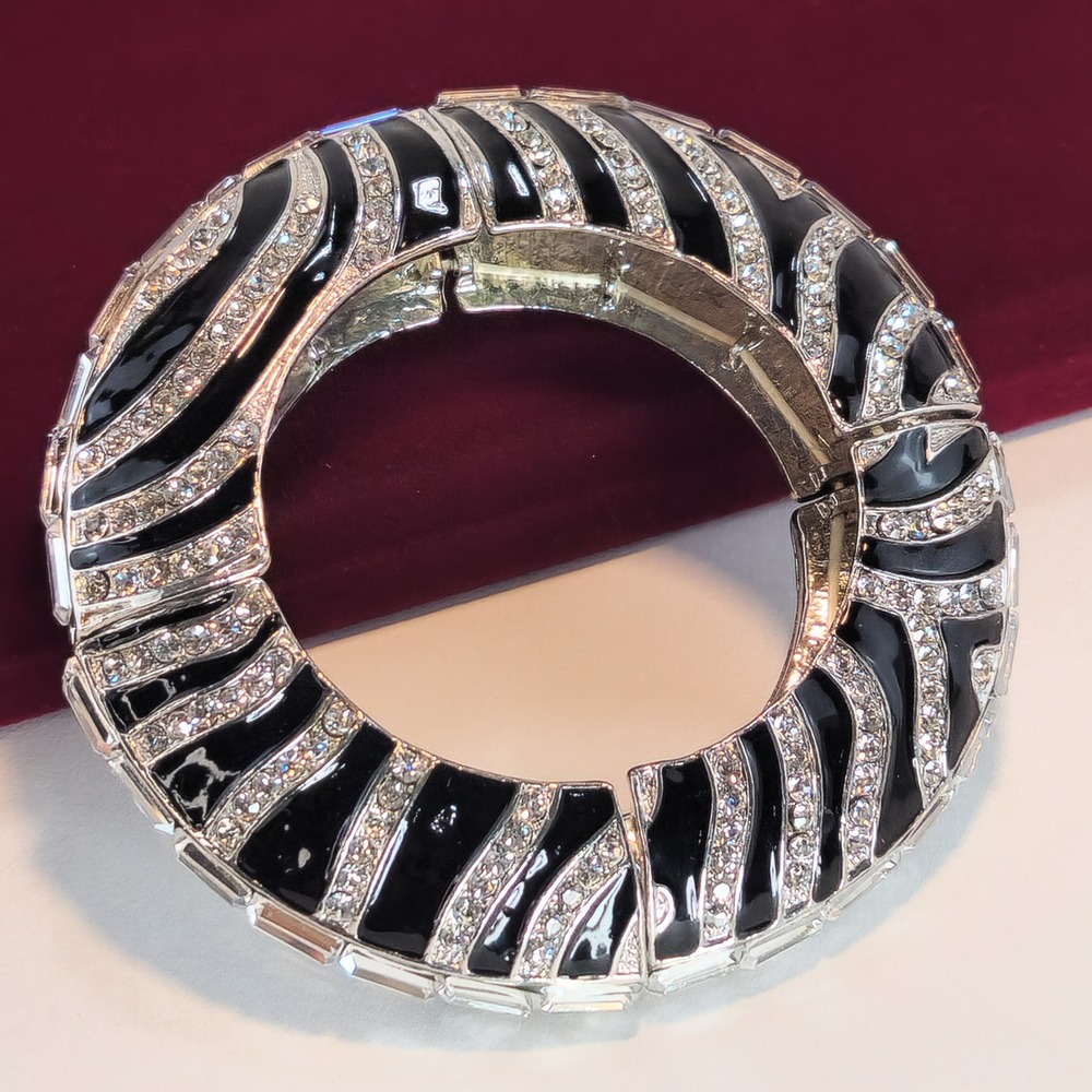 Zebra Print Black Enamel Rhinestone Stretch Bracelet Silver Tone Baguettes Large